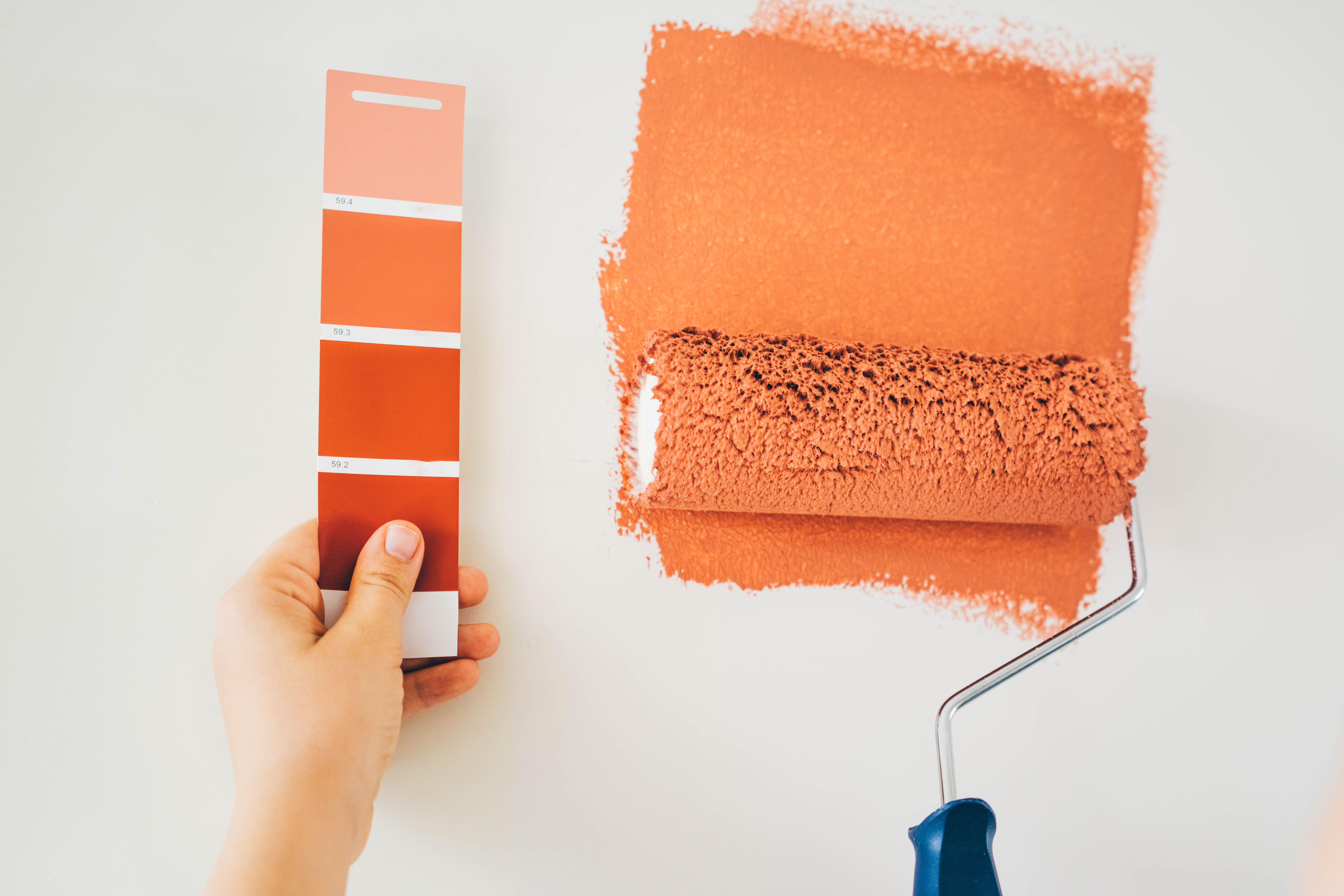 Painter applying a coat of terracotta wall paint while holding a color swatch for reference 