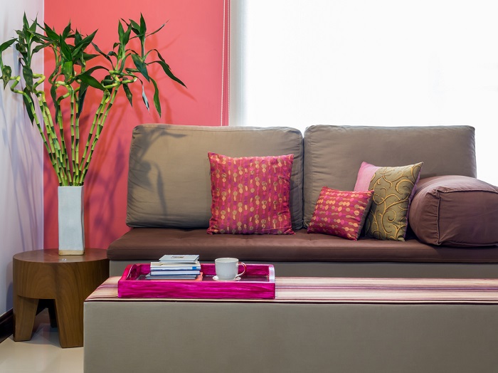 Modern living room decorated with sofa and vase.