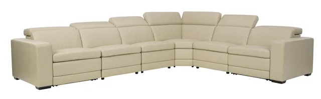 Stock image of a large tan leather l shaped sectional sofa.