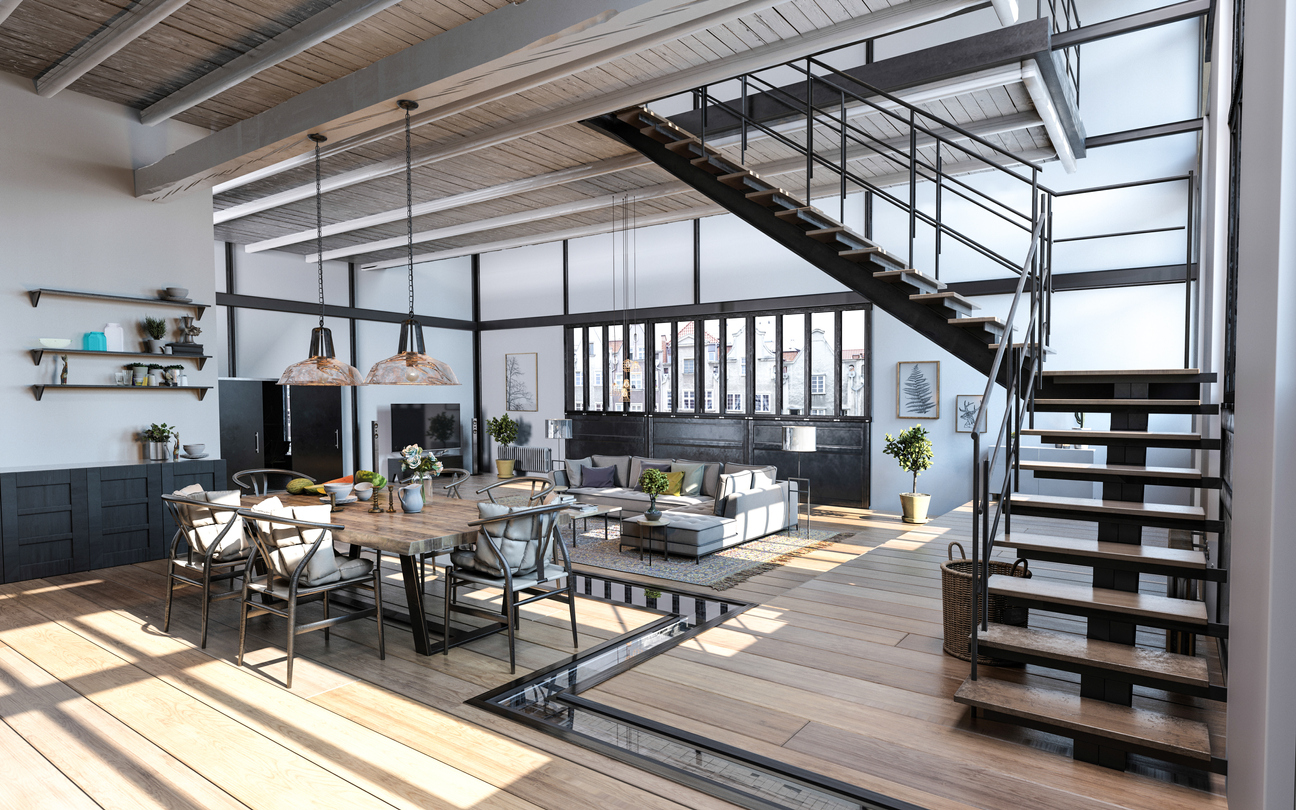 Modern living arrangement with an industrial themed furniture.