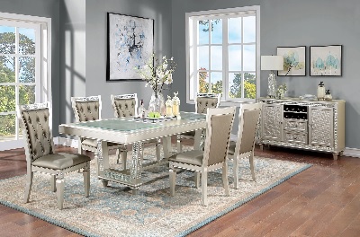 The Furniture of America Adelina collection extendable dining table with matching chairs, sideboard, and décor 