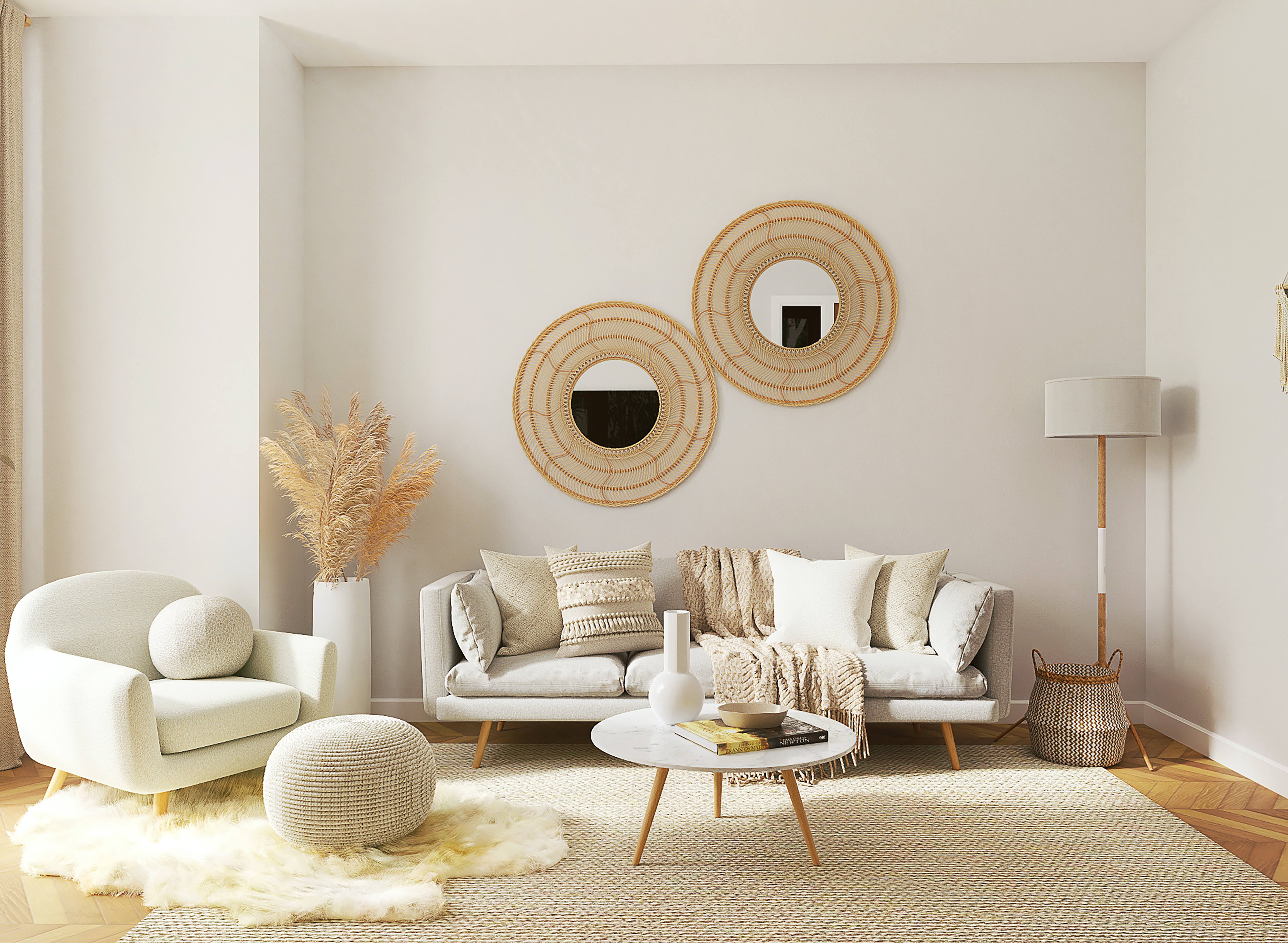 Living room with cream color palette is fashionably outfitted with trendy furniture