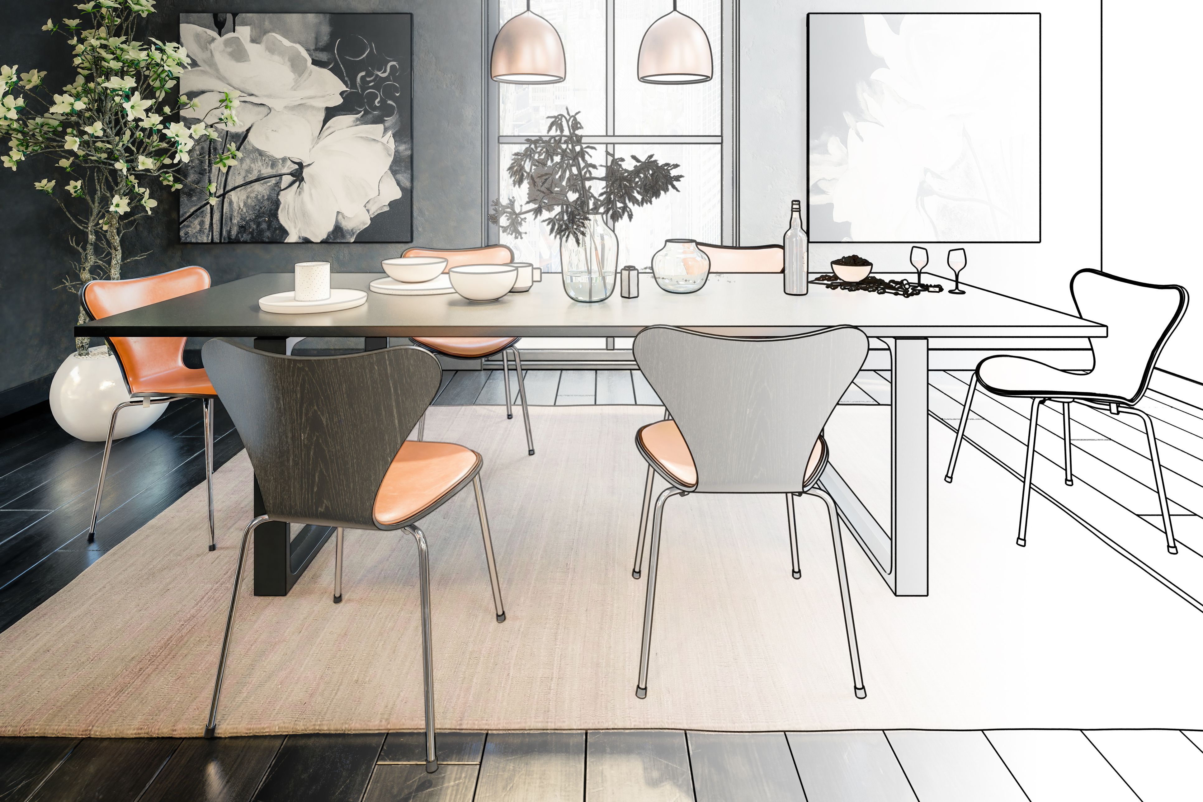 A blueprint drawing and picture pastiche of a dining room concept 