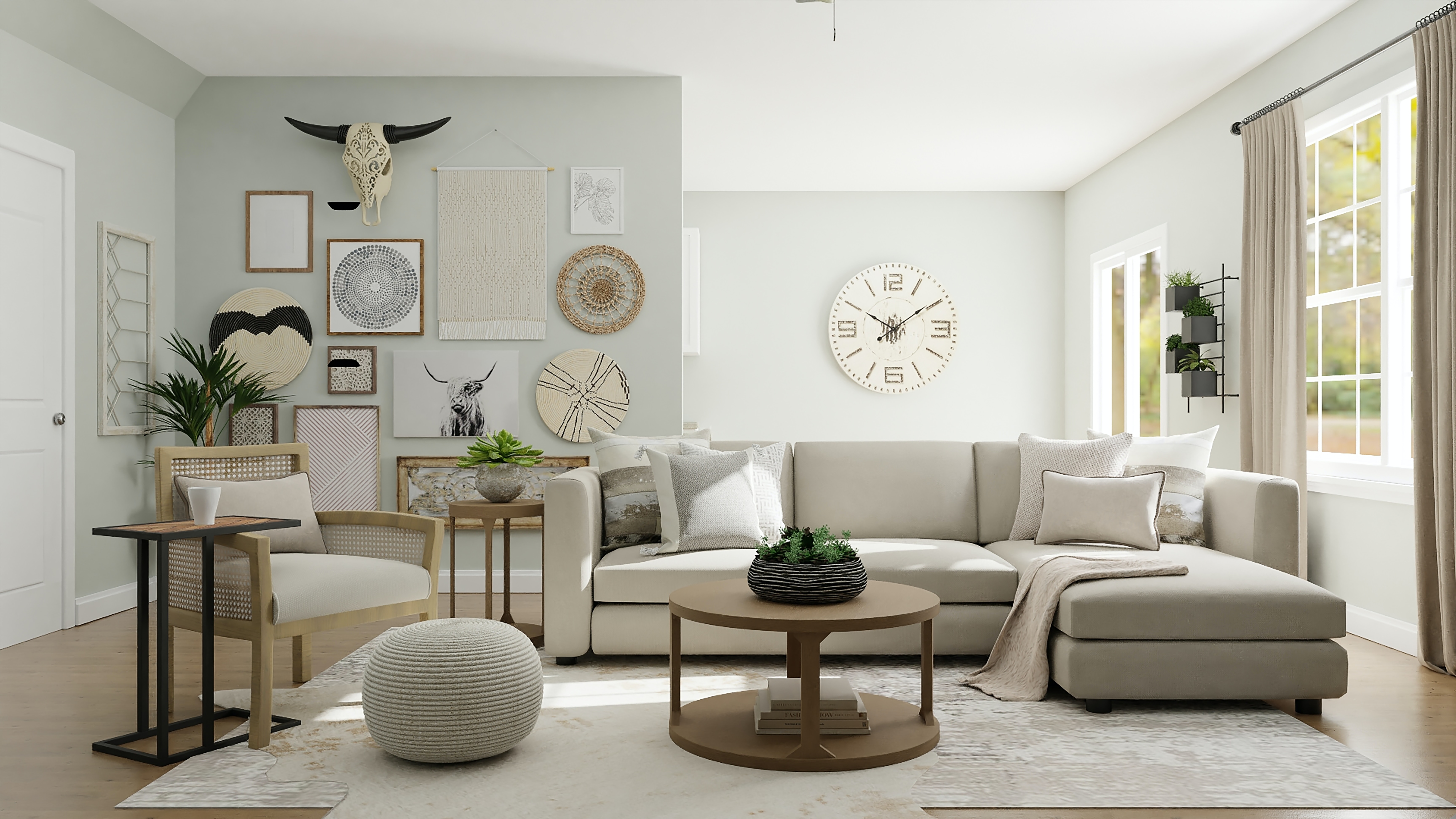 Ivory sectional and round wooden tables in a modern living room
