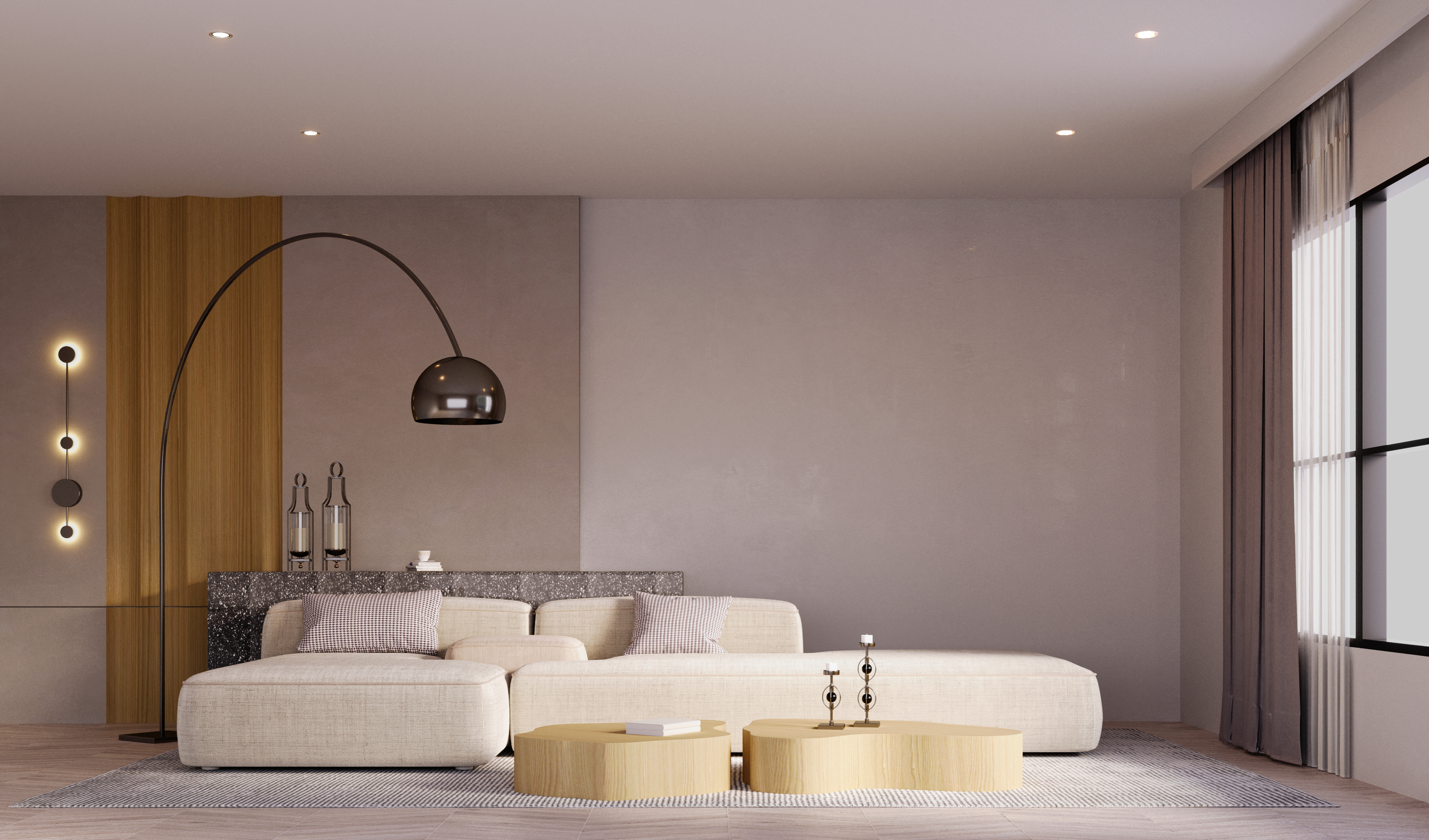 A white modern sectional with matching neutral décor 