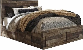 The Benchcraft Derekson collection storage bed with bedding and décor 