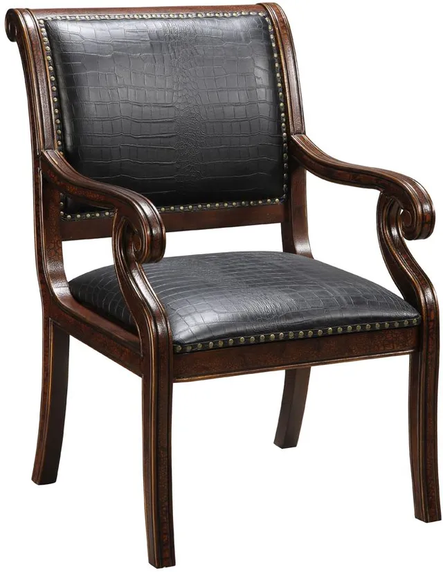 Front view of the Coast2Coast Home black leather accent chair 