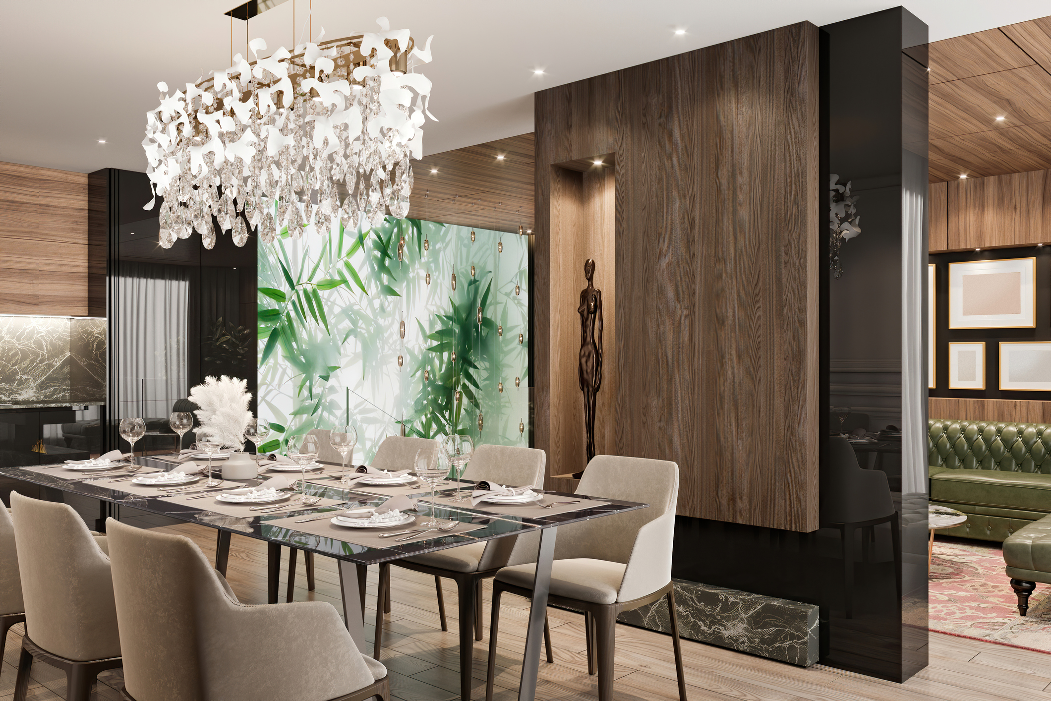 A modern dining room with upholstered chairs, a glass table, and a paper chandelier 