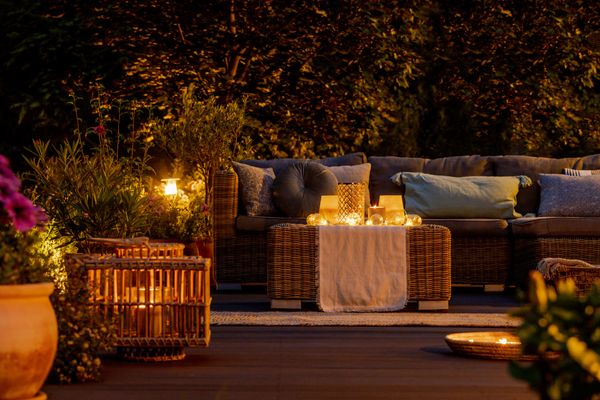 An outdoor seating area with patio furniture 