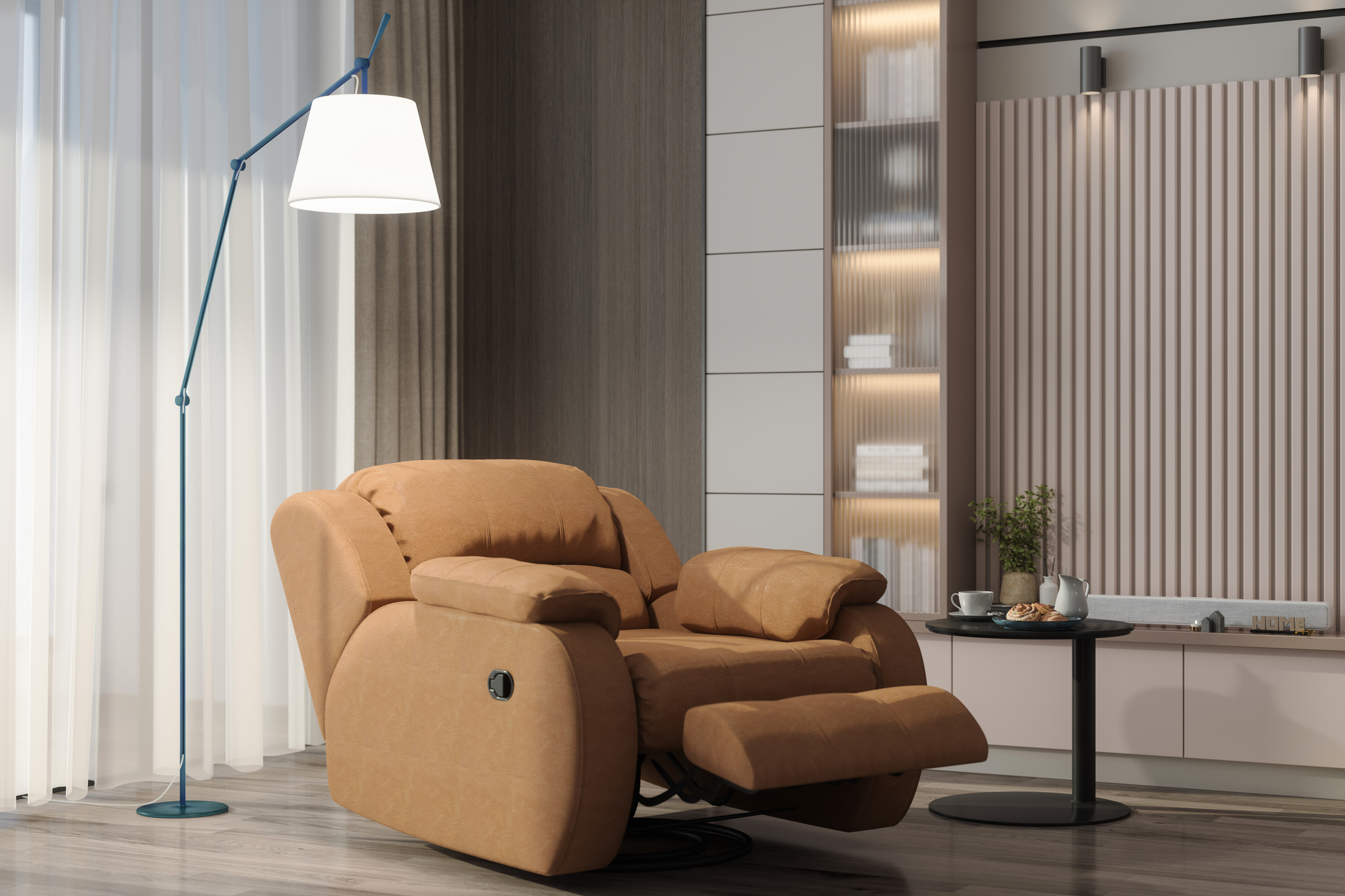 A brown recliner next to a floor lamp