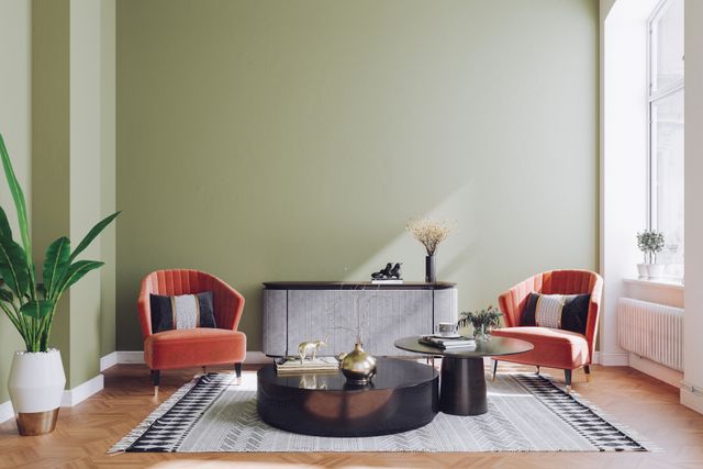 Front view of a modern living room with a fluted console