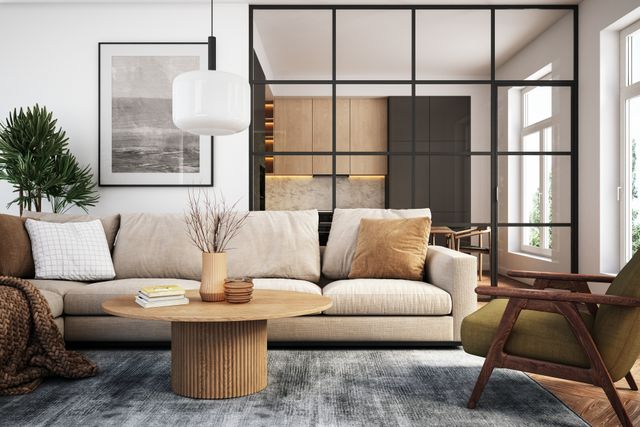Front view of a modern living room with trending furniture
