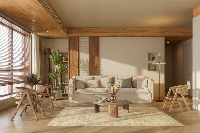 Front view of a beachy boho living room with light neutral shades