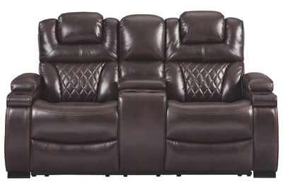 front view of the Signature Design by Ashley® Warnerton Chocolate Power Reclining Loveseat with Console