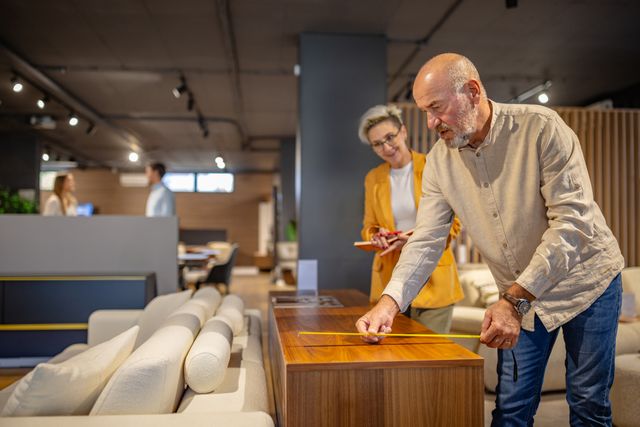 View of a man in a furniture store measuring the depth of a media console as a saleswoman stands behind him.