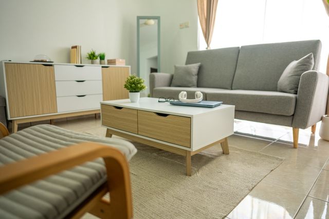Credit: iStock Front view of a modern living room with small apartment furniture