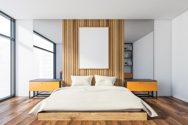 front view of a mid-century modern bedroom