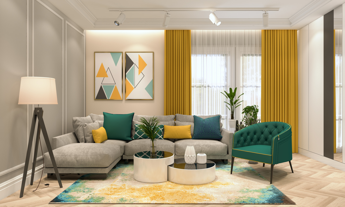 Vibrant open concept living and dining room with bright color furniture