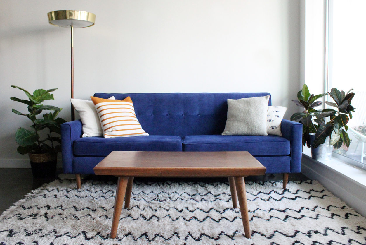 modern apartment living room complete with mid century furnishings, Moroccan rug and potted plants.