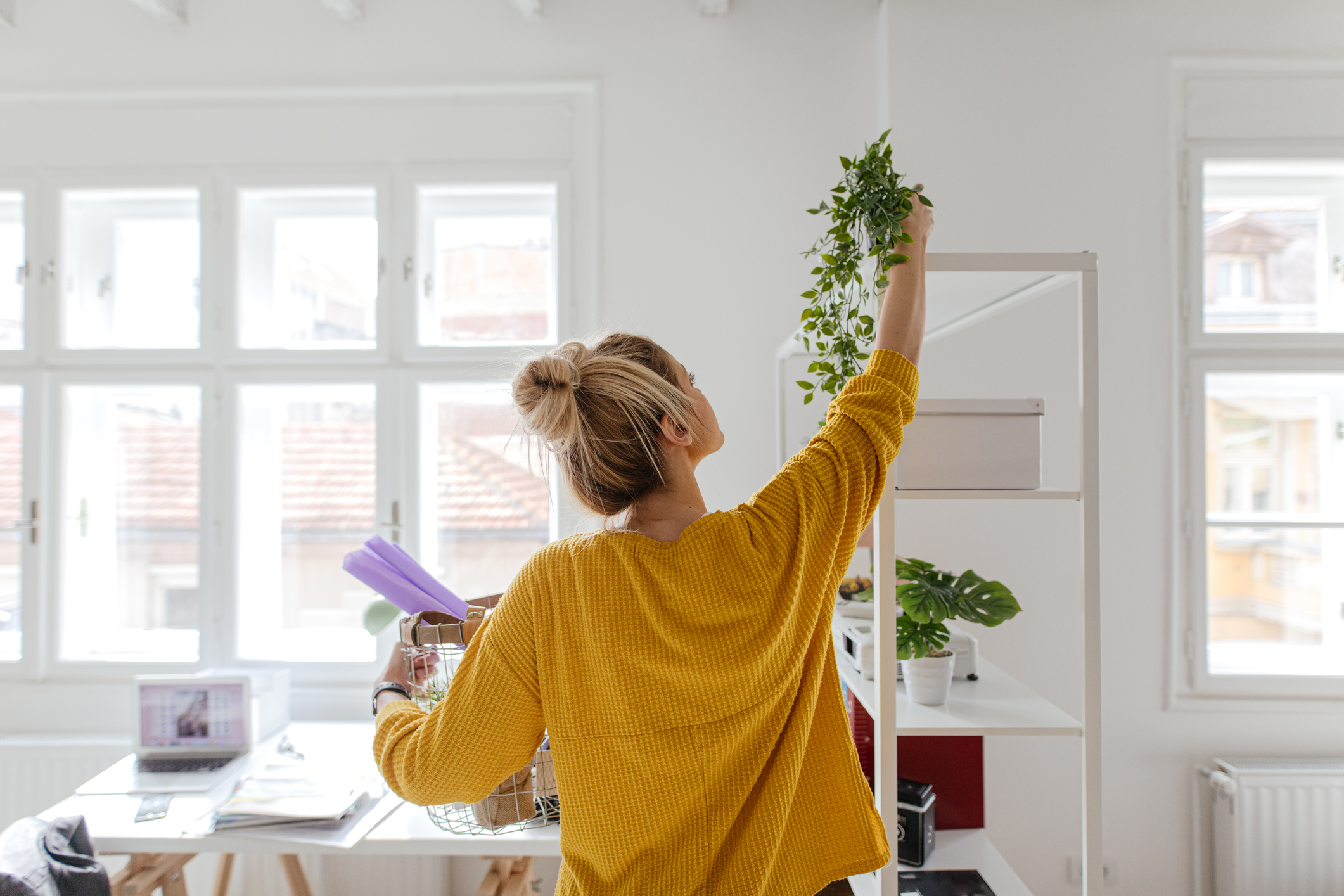 woman hanging houseplants in her apartment
