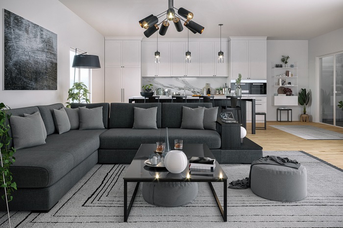 Picture of modern living and kitchen area decorated in gray and black.