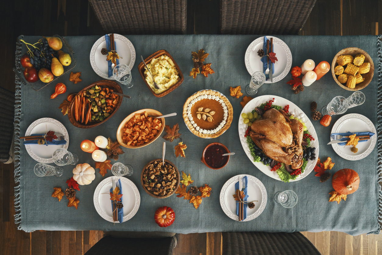Thanksgiving table set with tablecloth