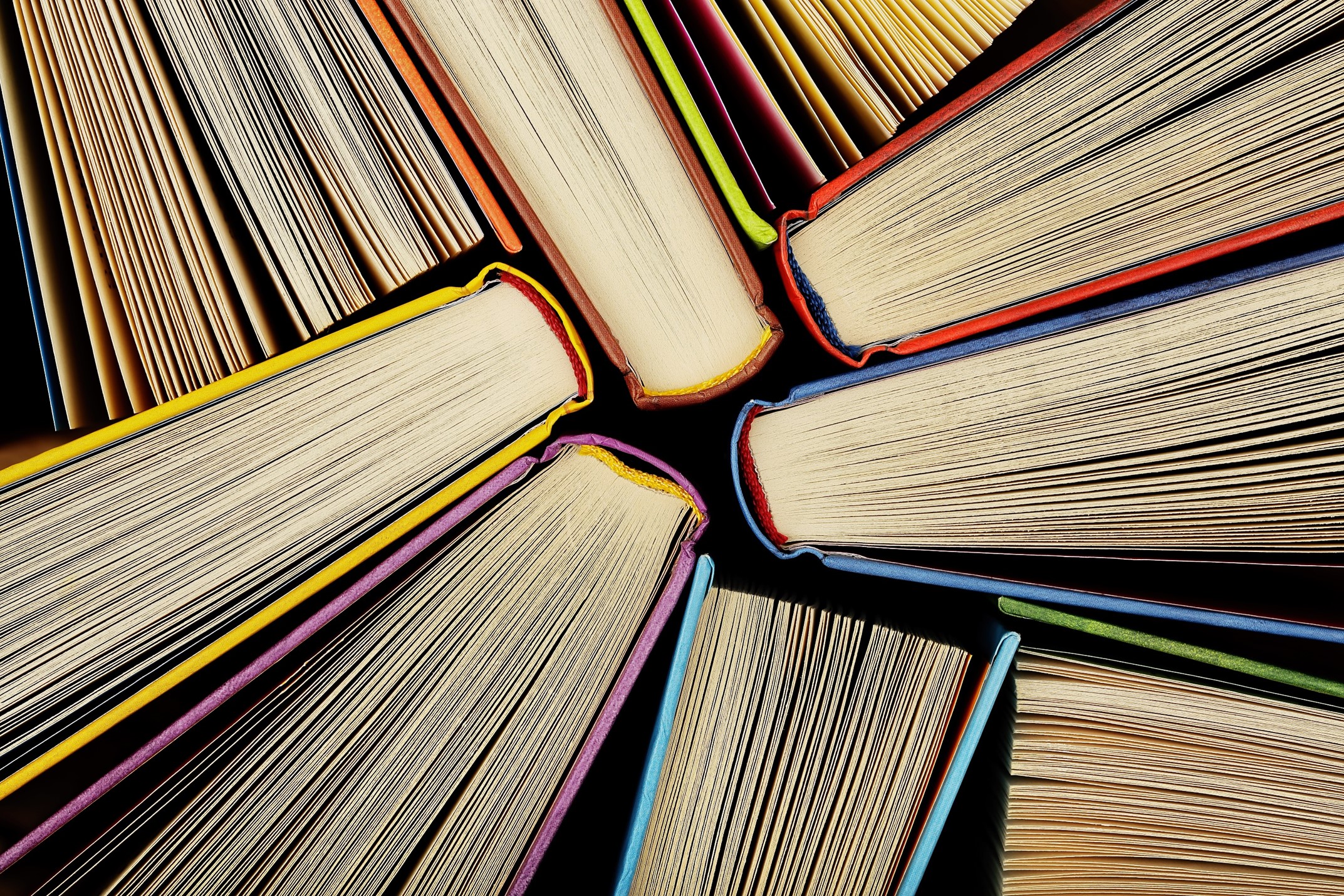 A close-up of various hardback books