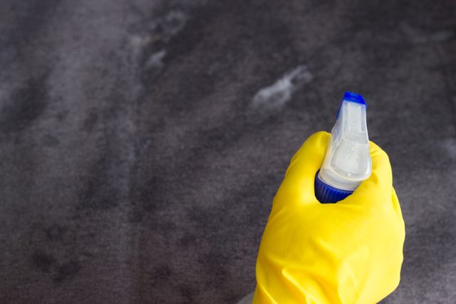 front view of a gloved hand spraying a vinegar solution on a mattress