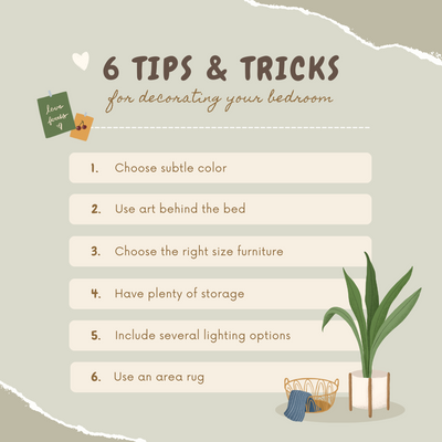 A graphic with bedroom decorating tips