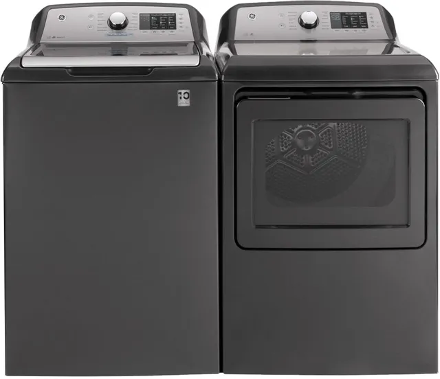 Gray top load washer and dryer