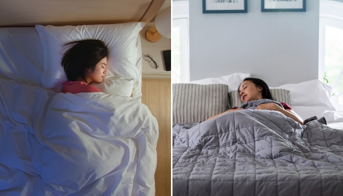 Comparison of someone sleeping under a comforter vs. a weighted blanket