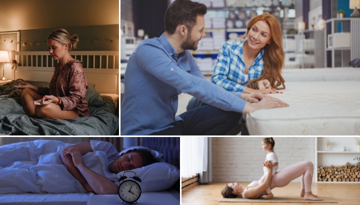 Collage of healthy lifestyle factors for better sleep like meditation, exercise, etc.