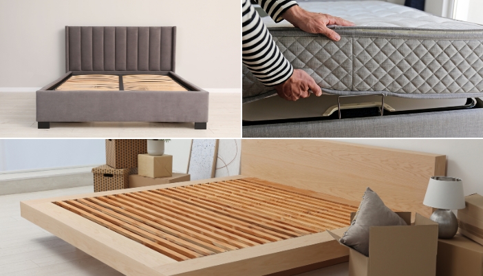 Collage of different bed frames with slats or a foundation