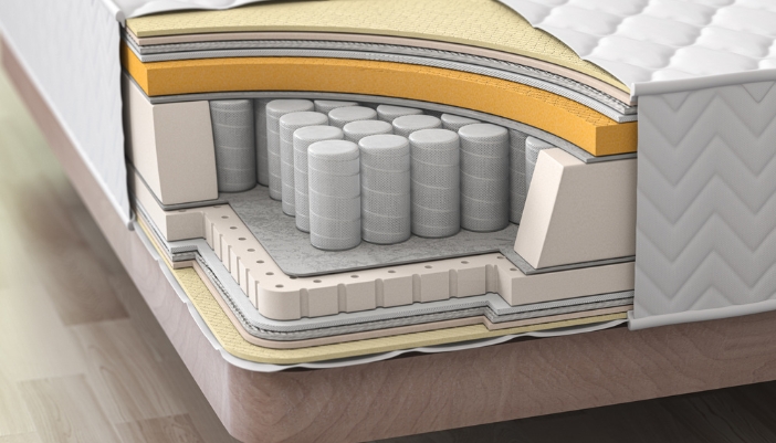 A cutout of a mattress corner showing the interior materials