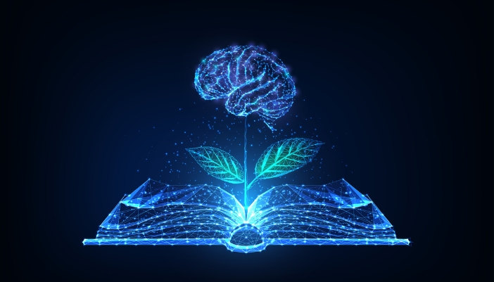 Concept image of a digitized book growing a brain, indicative of better cognitive thinking