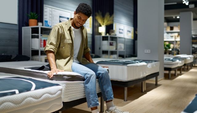 mattress-shopping-brownsville front view of a man sitting on a mattress and smiling in a mattress store