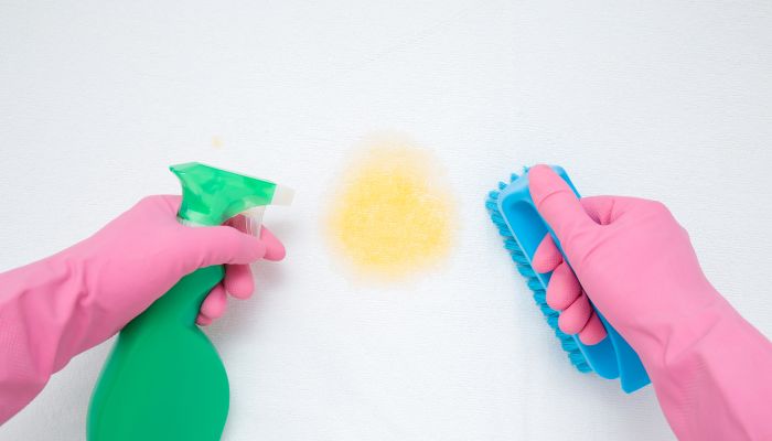 Pink rubber gloves hold scrub brush and cleaning spray. Mattress with urine stain. 