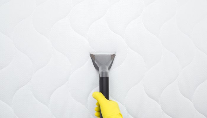 Yellow rubber glove with small vacuum cleans a mattress.