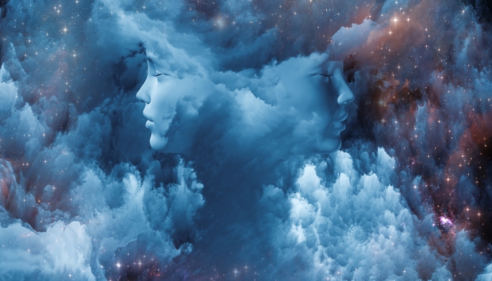 Lucid dreaming concept with dreamy clouds in the shapes of two heads