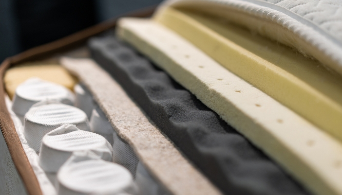 Closeup on the layers of an eco-friendly hybrid mattress