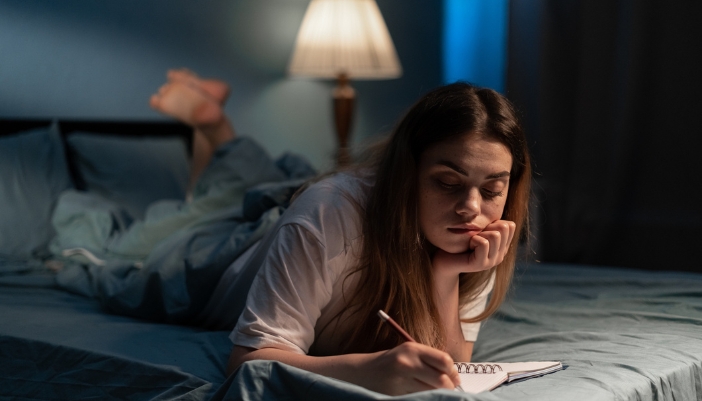 Young woman journaling before going back to sleep