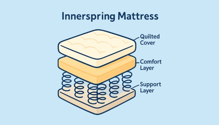 A 2D digital clear, cutaway side view illustration of an innerspring mattress. 