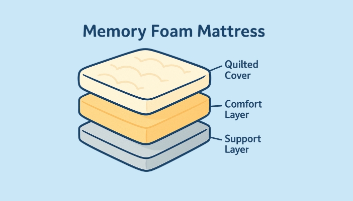 A 2D digital clear, cutaway side view illustration of a memory foam mattress.