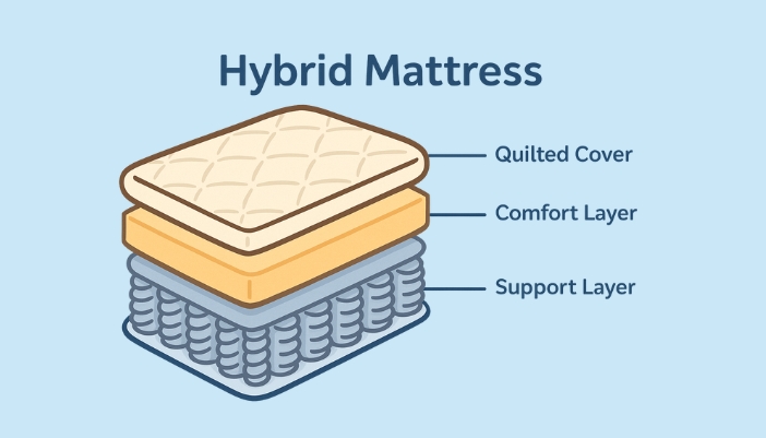 A 2D digital clear, cutaway side view illustration of a hybrid mattress.