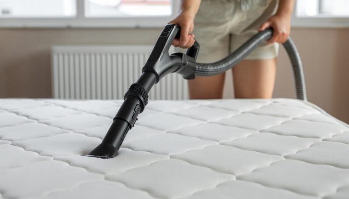 A female hand uses a vacuum on a bare mattress.