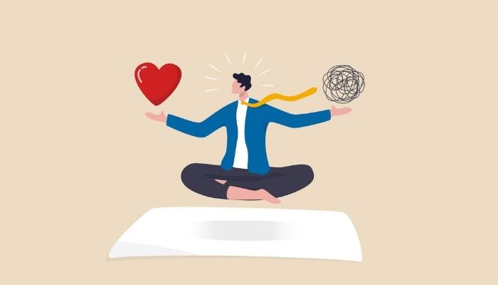 Drawing of man holding stress in one hand and a heart in the other