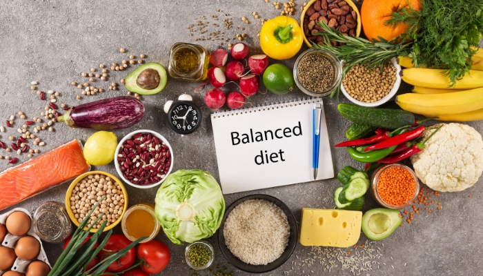 A group of balanced foods with a sign for a balanced diet