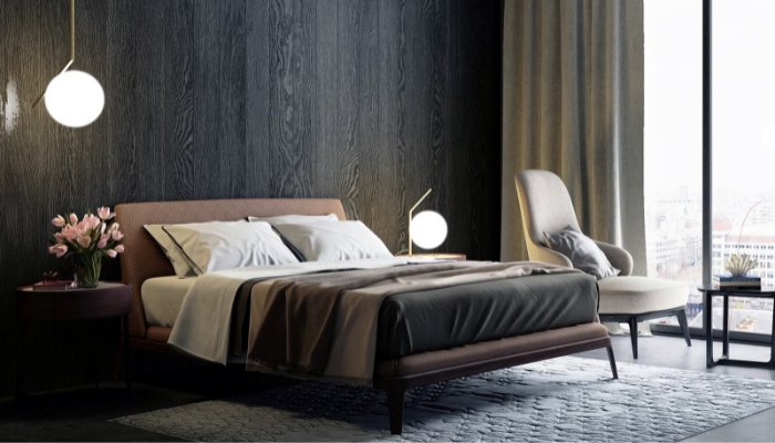 Bedroom with heavy curtains and rugs to help soundproof the room