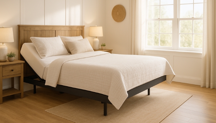 An adjustable base mattress rests in a dimly lit modern bedroom.