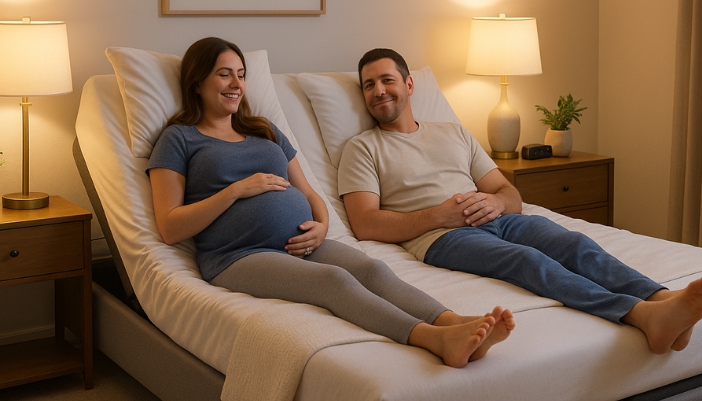 A couple of a man and pregnant woman lays on their adjustable base bed.